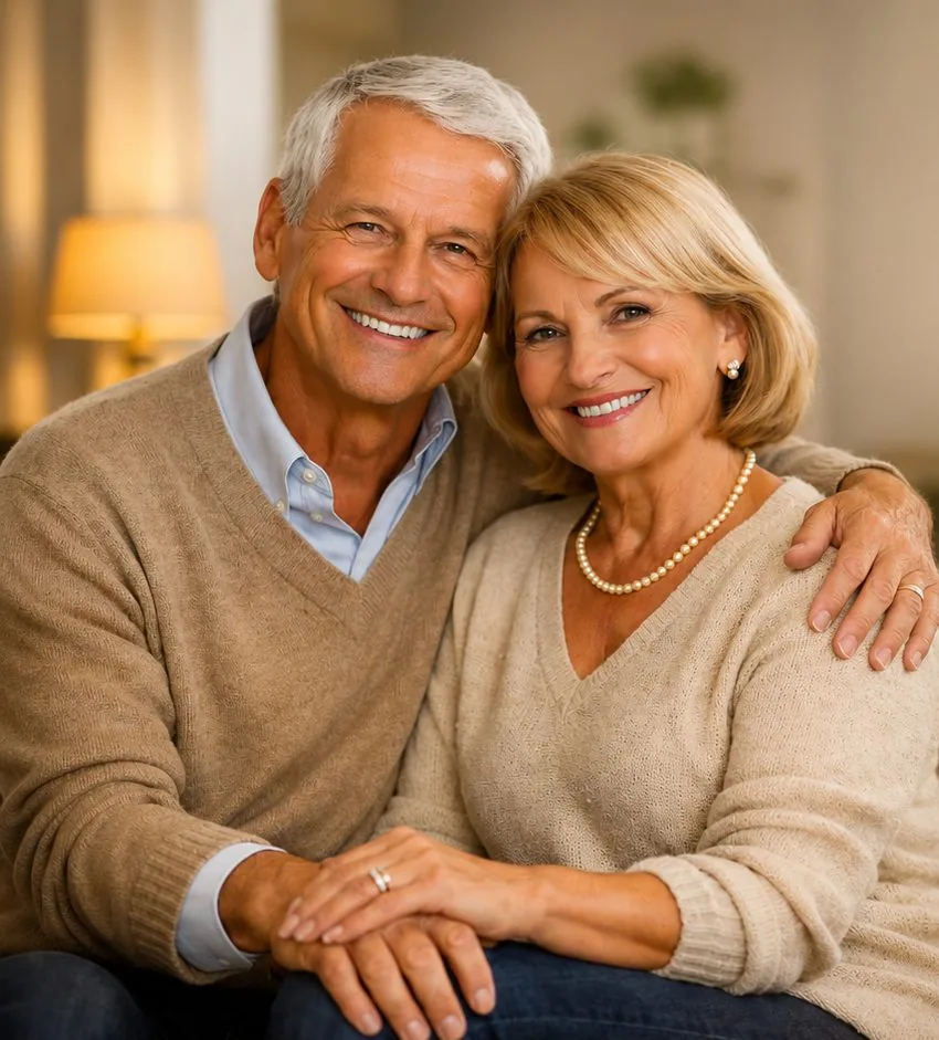Couple de retraités souriants chez eux, vente en viager dans le Var